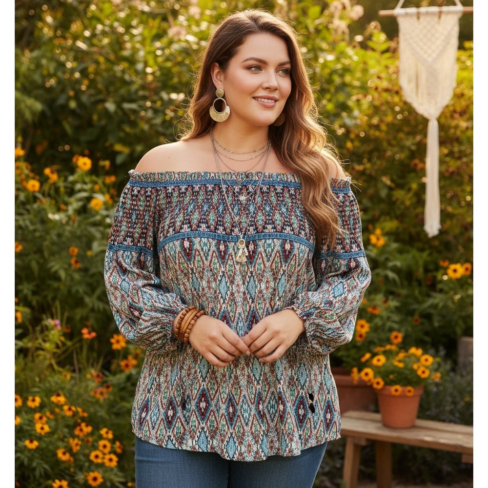 Hannah‎ 3X Top Off Shoulder Geo Tassel Peasant Boho Festival Indie Artsy Western